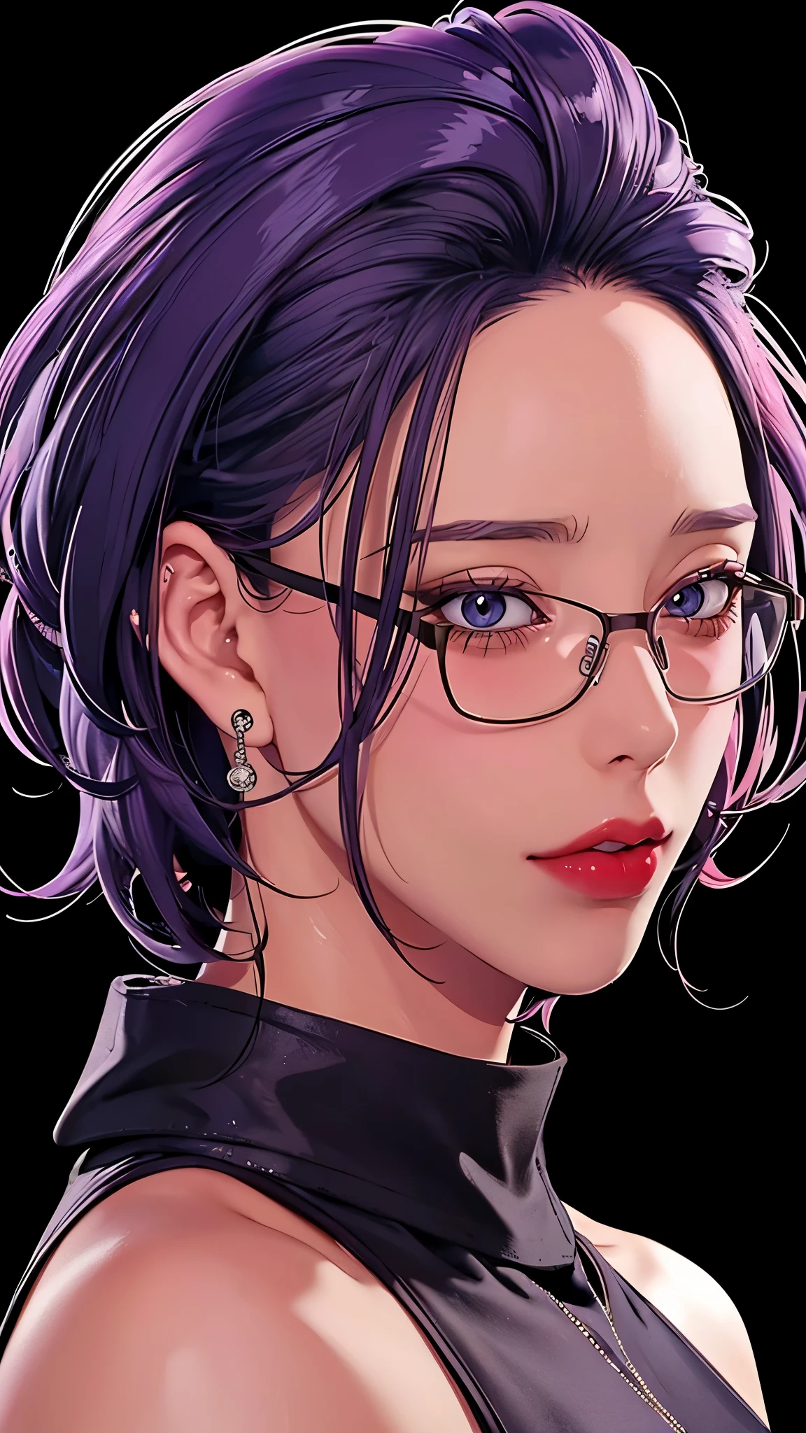 （（（完美figure，figure，suit， gray shirt，hip-covering skirt（（（JMT,Glasses,purple hair,short hair,purple eyes,MiJungdef，purple eyes，purple hair，medium hair，）））型figure:1.7））），((masterpiece)),high resolution, ((Best quality at best))，masterpiece，quality，Best quality，（（（ Exquisite facial features，looking at the audience,There is light in the eyes，Happy，lol））），（（（Interlacing of light and shadow，huge boobs））），（（（looking into camera，black background)）））