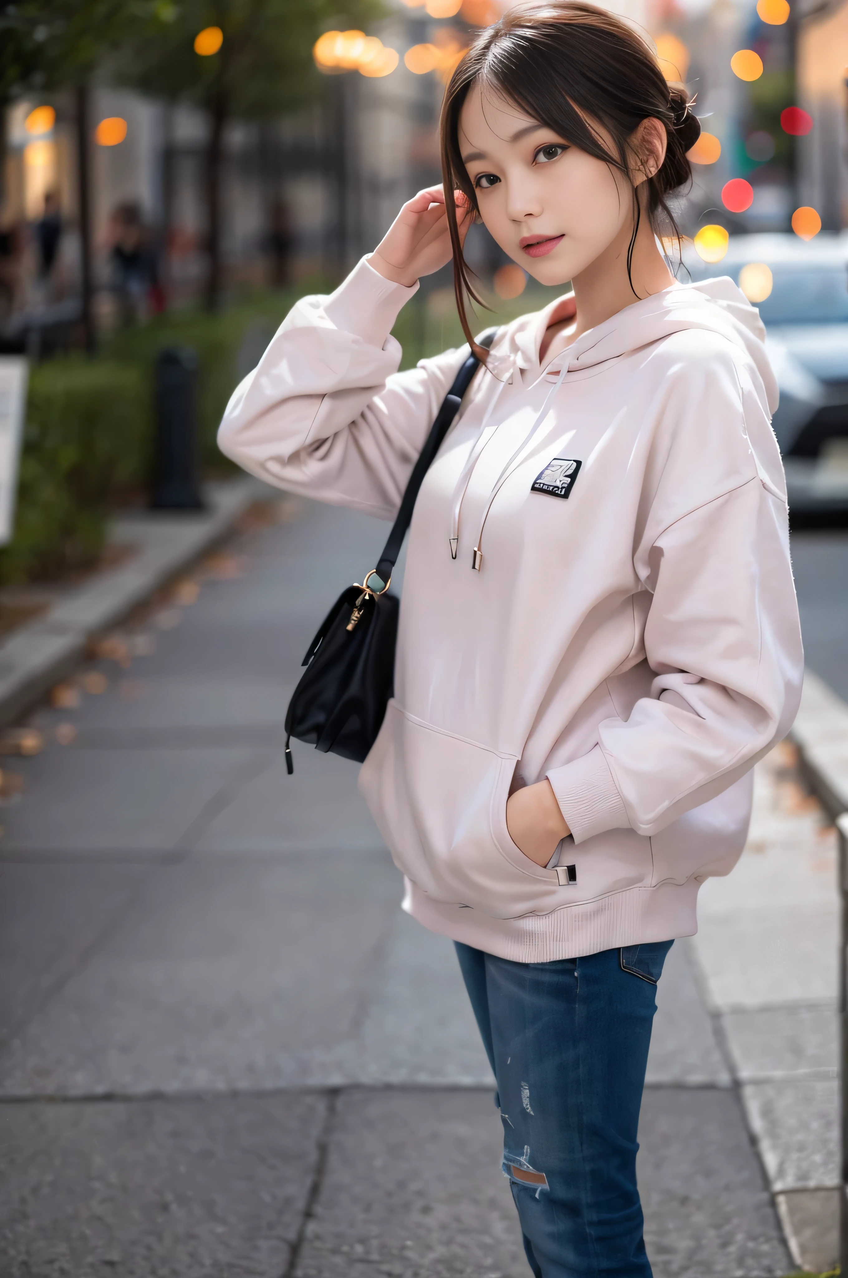 (((RAW image quality:1.4))), highest quality, ultra high resolution, (realistic: 1.4), She wore a spring-like pastel-colored long-sleeved hoodie.、photo of active ager, cowboy shot, random pose、
