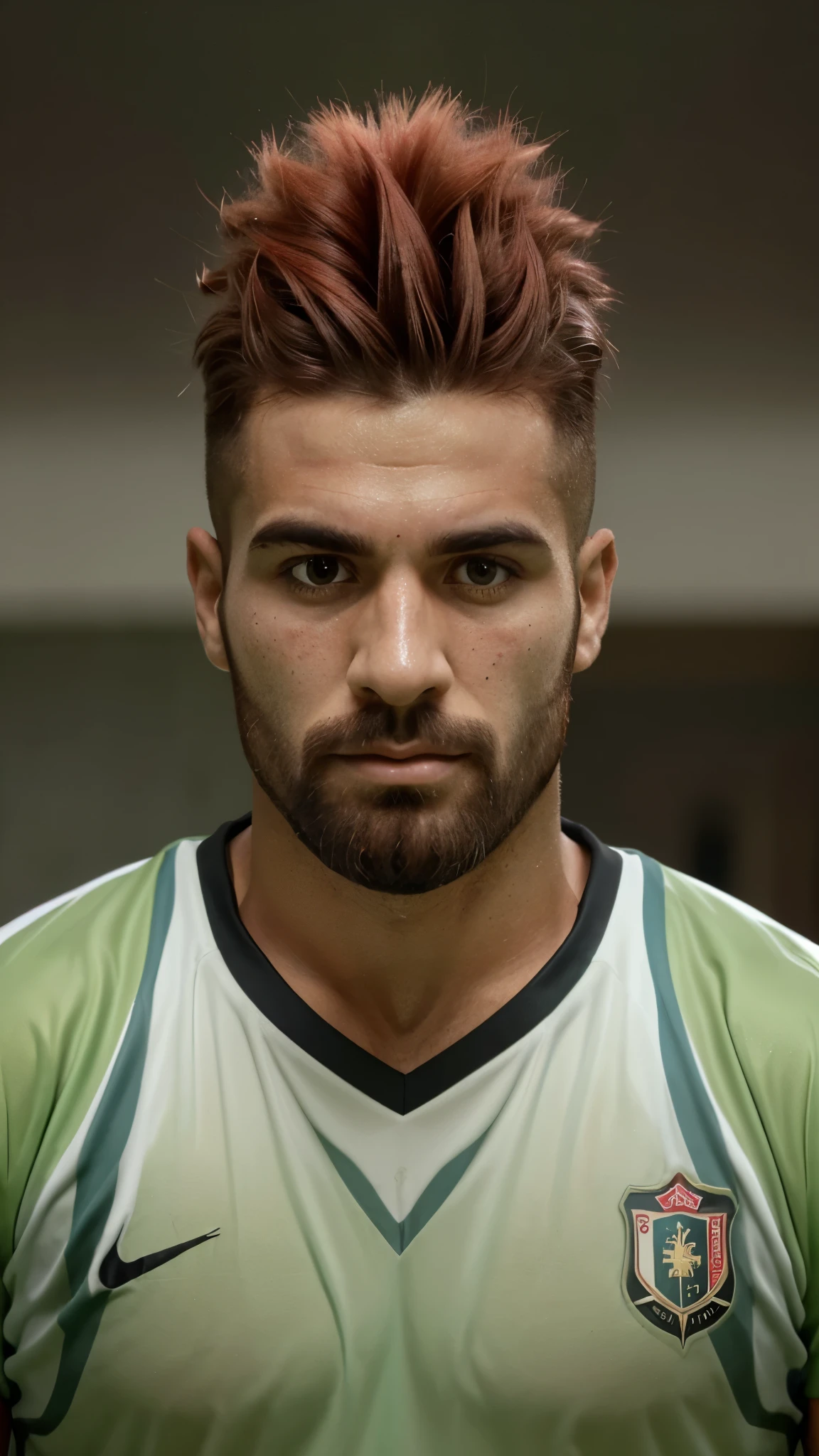 Jogador de futebol, masculino, alto , cabelos vermelhos, de barba cheia