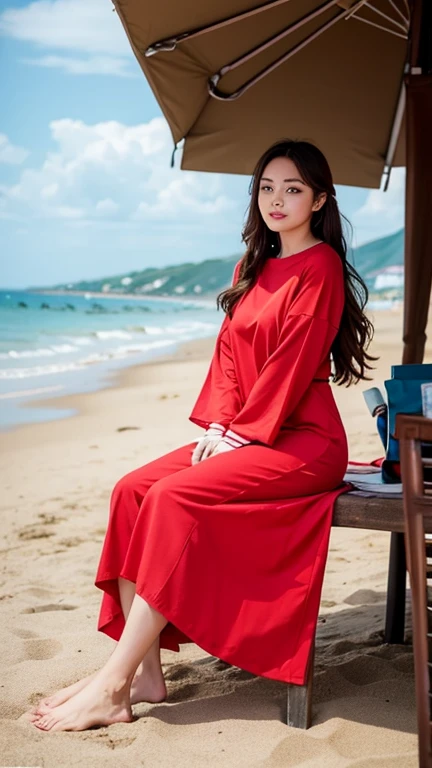 asian beauty，park city seaside beach，Round neck and long sleeves，Short sleeves with round neck，long skirt，long hair，