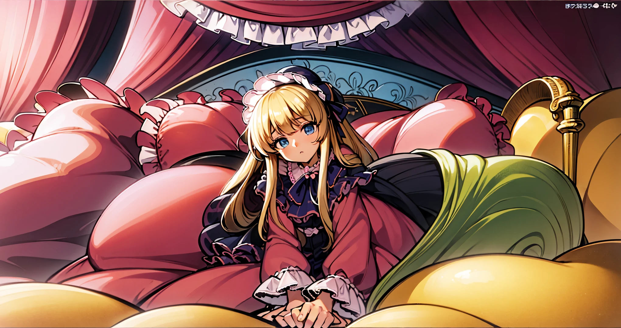 ,highest quality, masterpiece, highest resolution, artwork, super それにget used to it, many get used to it, get used to it, それにget used to it, 3K anime illustration,(( girl)),Super detailed baby face,hty small face,long blonde hair that grows to the waist,blue eyes,白い肌のeuropean,pajamas, european,(((super long blonde hair))),curly hair,blue eyes,((((ピンクのロリータファッションのlong skirtのワンピースドレス)))),((Pink dress with lots of frills and ribbons)),((Luxurious nightcap with frills and ribbons)),detailed headdress,,(((big yoke collar))),Yoke collar with ruffles and ribbons,((((long sleeve)))),ruffle sleeves,((((long skirt)))),white ruffle and lace socks,large frill and ribbon pillow,(((Nice pink outfit))),豪華なcanopy bedの上,canopy bed,The bed is surrounded by luxurious curtains,many frilly pillows on the bed,There are many frilly pillows behind the girl.,super detailed background,detailed bed,soft pink comforter,Highly detailed soft ruffle pillow,Beautiful girl illustration,detailed beautiful face,thin hair,detailed eye ,detailed eyes,detailed mouth, arm details,fine hands,Detailed pillow,wide bed,Illustration on the bed, ,((((round futon)))),((((A large ruffled futon that covers the entire bed)))),detailed comforter,detailed bedシーツ,Before bedtime,romantic atmosphere,palace bedroom,((((The lower half of the body is hidden under the futon and the puffy skirt......)))) The girl is leaning on a pile of pillows, ,((((round futon)))),((((A large ruffled futon that covers the entire bed)))),((((not wearing shoes)))),