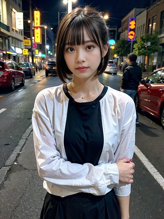Ordinary woman in plain clothes、Harsh flash photography、[photos realistic]!!,Candid flash photography、magnifica、Masa Nakayama、flash photo、Sui Ishida、Do not copy hands、young female 、、Promotional photos、Cute clothes、Beautiful clothes、short-hair、10 generations、Pupils、Fashionable、colourful clothes、Idol