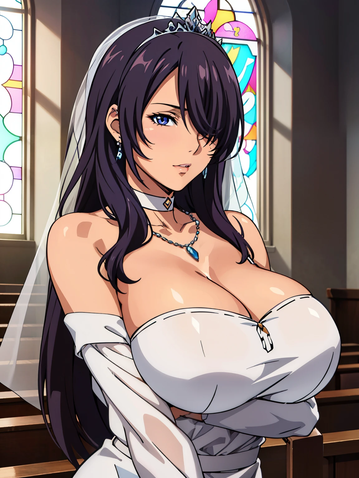 Off-the-shoulder white wedding dress, Snow White Veil, choker, silver tiara, necklace, earrings, church background, kanu unchou, anime cels style, best quality, high resolution, 1girl, (huge breasts:1.2), beautiful face, black hair, long hair, ((hair over one eye)), closed eye, puckered up lips, want to kiss