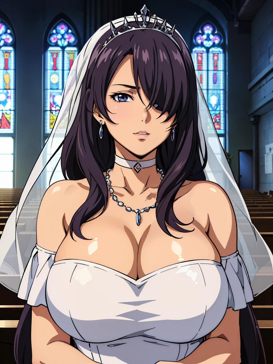 Off-the-shoulder white wedding dress, Snow White Veil, choker, silver tiara, necklace, earrings, church background, kanu unchou, anime cels style, best quality, high resolution, 1girl, (huge breasts:1.2), beautiful face, black hair, long hair, ((hair over one eye)), closed eye, puckered up lips, want to kiss