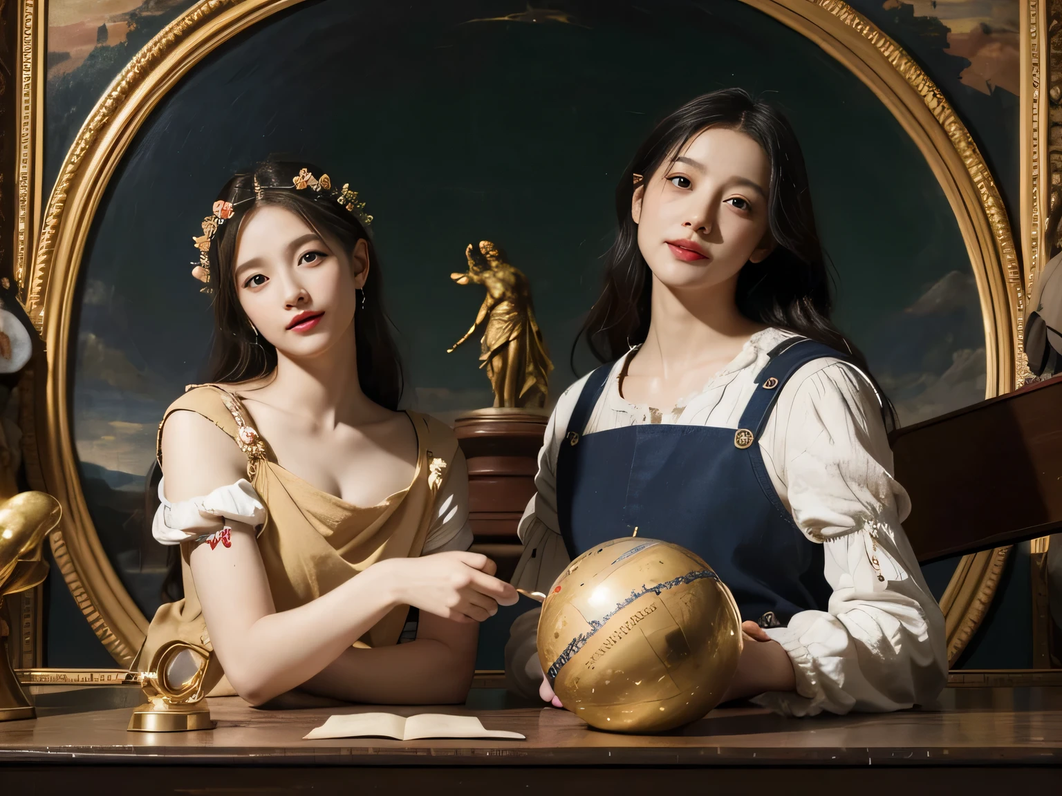 full body portrait or statue、Giorgione painting style,Arguments of two female Philosophe,math、astronomical machine、astronaut、roses in vase、fruits、Cute trinkets、smile、ancient greek costume、Ancient Roman landscape in the style of Nicolas Poussin,laughter,,Sweet and seductive appearance.、Caravaggio's paintings、Chiar