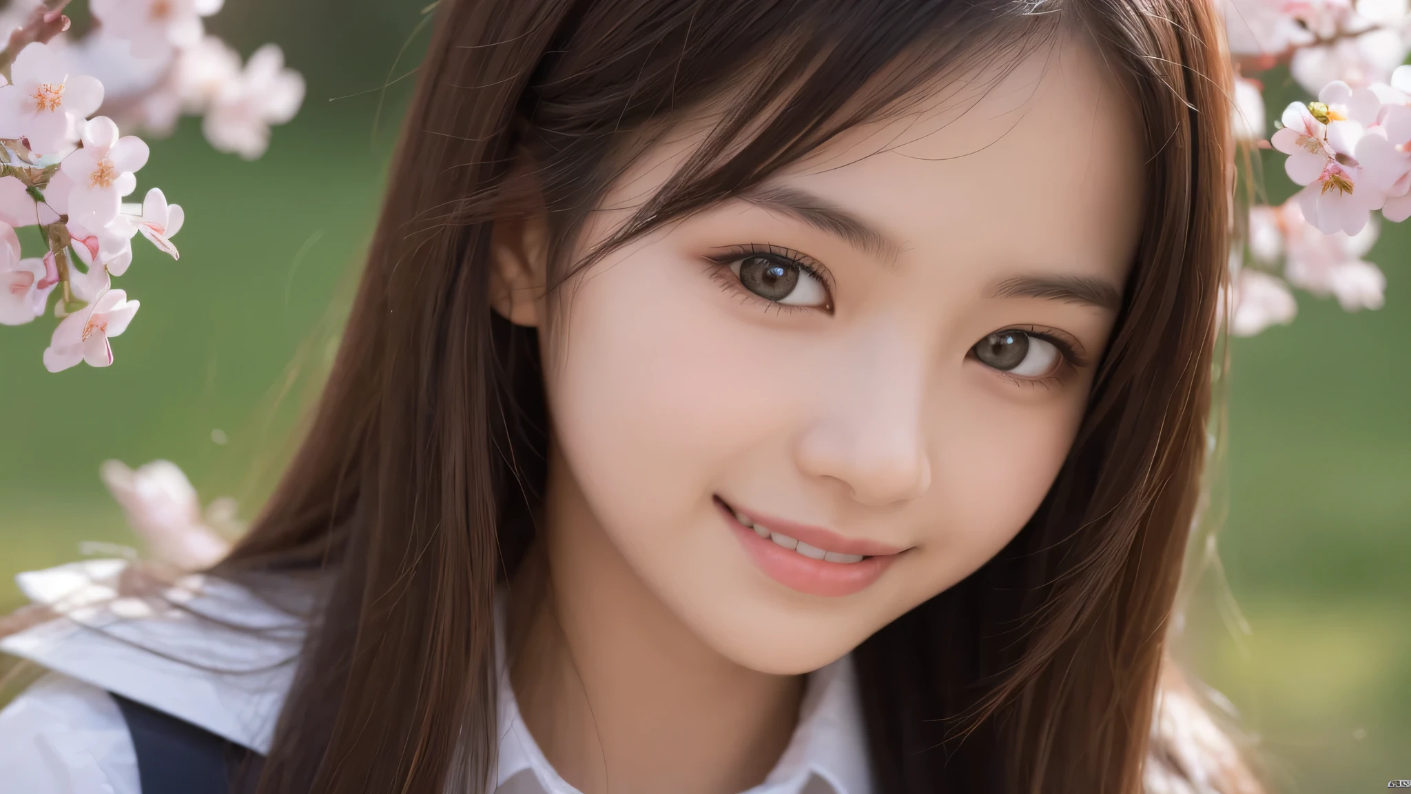 (1girl), (17yo), (young face:1.2), shy smile, (Best Quality:1.4), (Ultra-detailed), (extremely detailed beautiful face), Amazing face and eyes, brown eyes, (highly detailed Beautiful face), (high school uniform:1.2), (extremely detailed CG unified 8k wallpaper), Highly detailed, High-definition raw color photos, Professional Photography, Realistic portrait, Extremely high resolution, cute smiling, Cherry blossom trees,