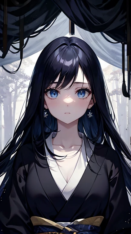 (masterpiece,highest quality,Super detailed),1 girl, Black and navy blue hair,Beautiful and dense face, fine eyes,looking at the viewer, face of great sadness,tears are falling,blue eyes,((gray theme),pale skin,japanese kimono, shining eyes,((night)),dark environment, (((fresco,fresh picture))),in the forest,
