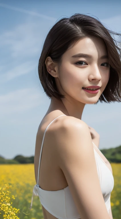 rape blossom field、swimsuit、open chest、I'm not wearing anything inside、whole body、NiziUAYAKA、 4K、1people's women、slender、 Loose wavy styling 、seductive and attractive、Including face and skin texture.,detailed eyes、A soothing expression with a smile