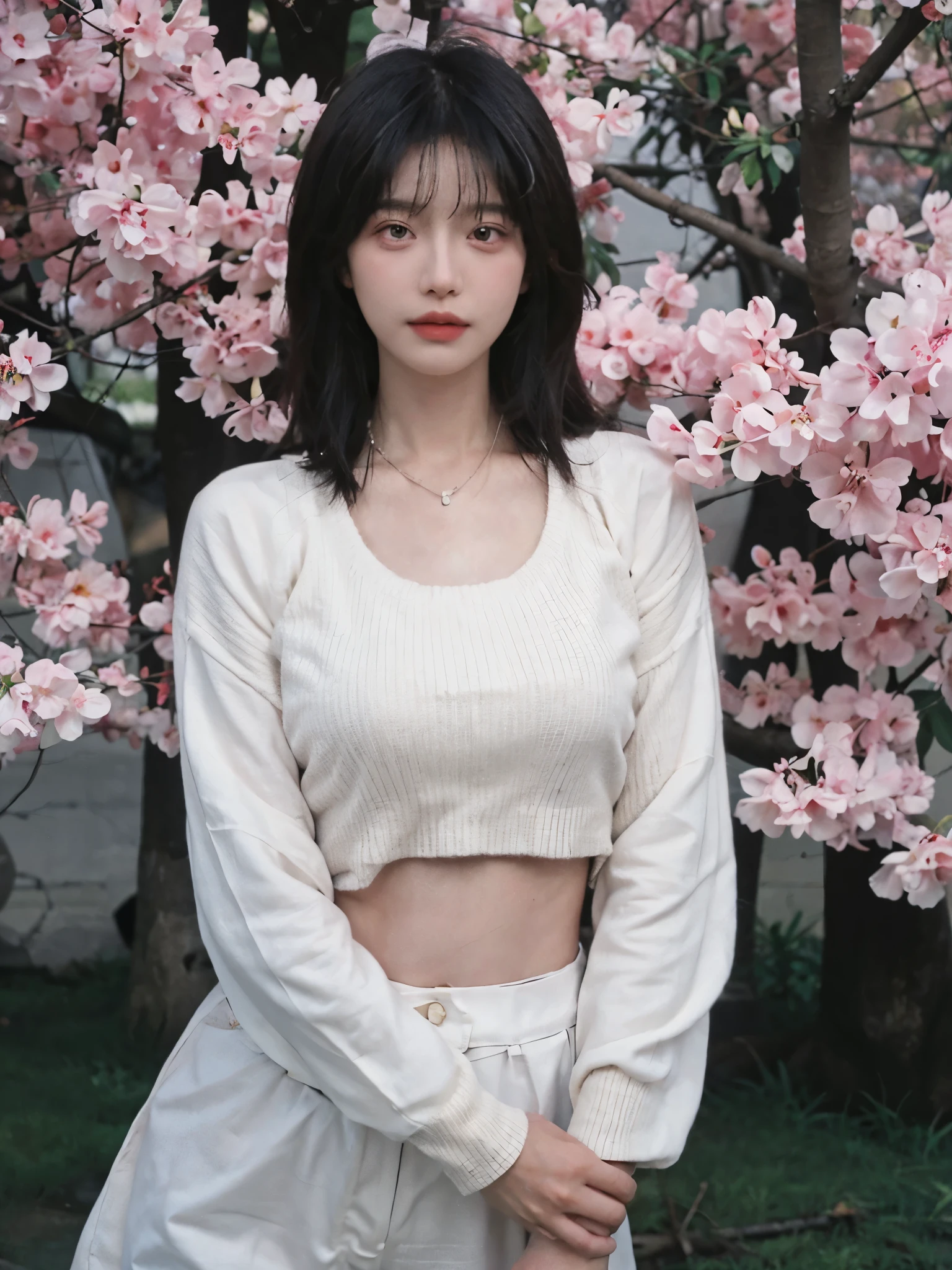 best quality, ultra high resolution, (realistically:1.4),Baoyu Girl,1 girl, long, straight hair,Looking into the distance,Under the cherry blossom tree,red short sweater,a sense of atmosphere,Beautiful woman with slim figure:1.4, abdominal muscles:1.1,,Super thin face,exquisite eyes,double eyelids,necklace