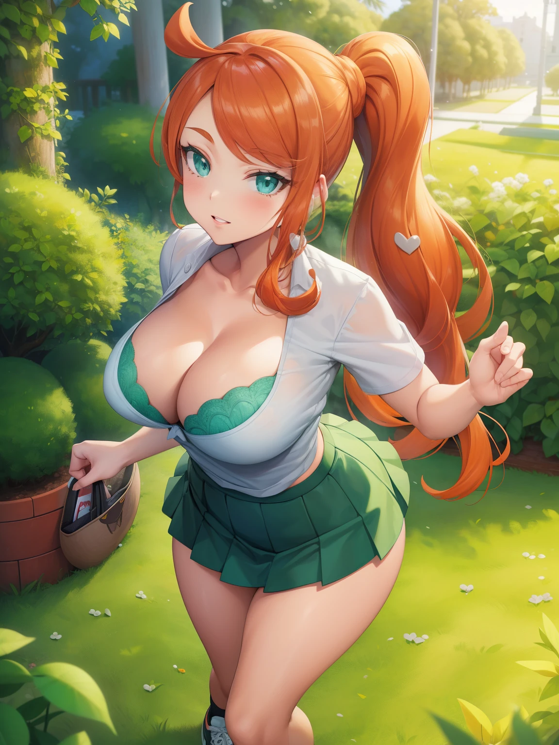 ((Sonia pokemon)), (masterpiece:1.2, best quality), realistic, (real picture, intricate details, depth of field), ((1girl:1.2)), parted lips, highly-detailed, gorgeous perfect face, (skindentation), tanned skin, thick thighs, (wide hips), average waist, tall, ((orange hairs)), sideways ponytail, hair ornaments, beautiful green eyes, looking at viewer, confident smile, toned body, large breasts, ((full body)), thick, highschool, ((white shirt)), buttoned up shirt, green bra, bra under shirtblack skirt, pleated skirt, sneakers, visible bra