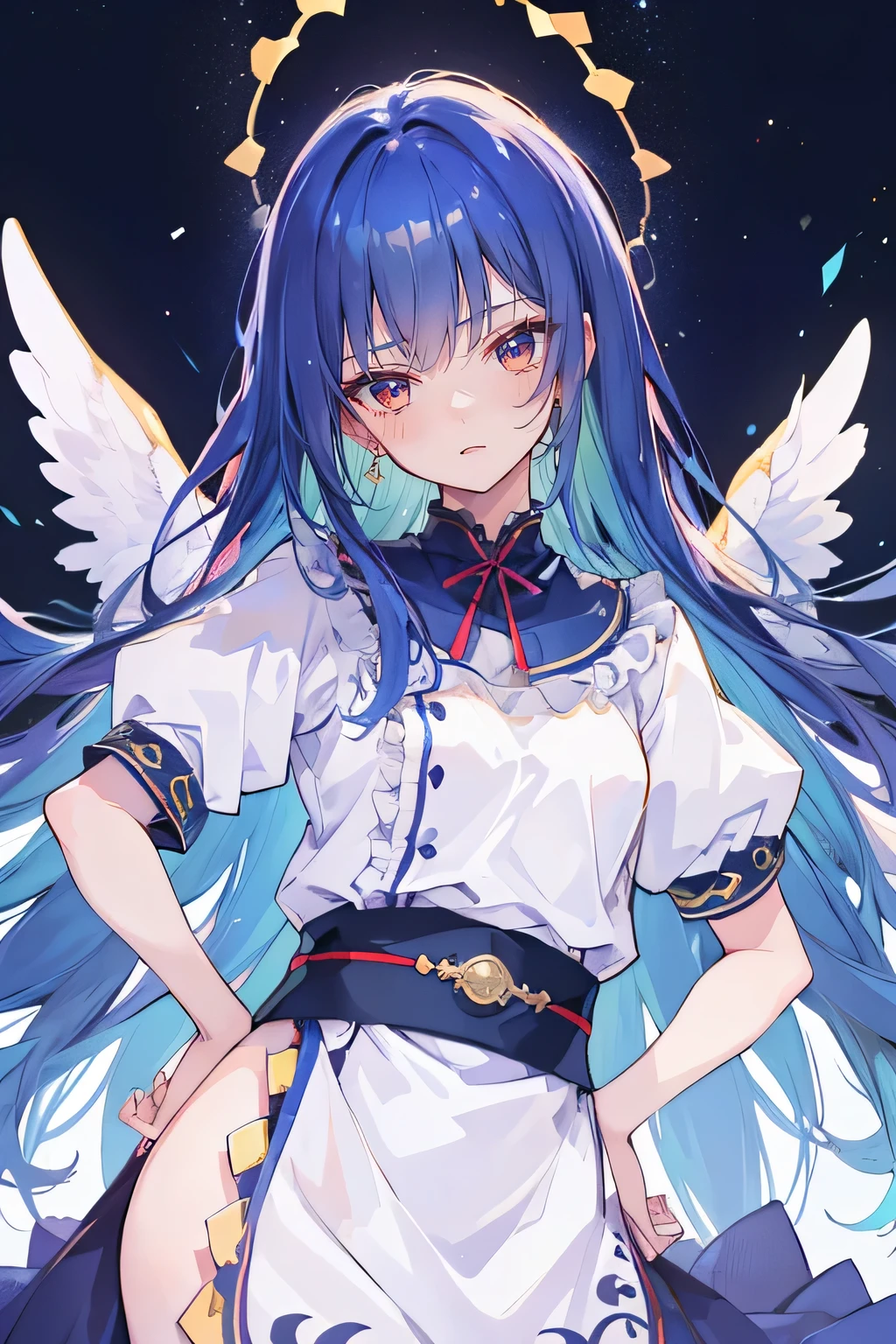 (best quality,highres,masterpiece:1.2),ultra-detailed,(realistic:1.37), expressive eyes, perfect face, 1 girl, hands on waist, beautiful, glamorous, Japanese anime, girl, Lola, Chouno Angel, blue hair, floating clothes, waist grabbing, hands on hips, flat-chested, starry sky