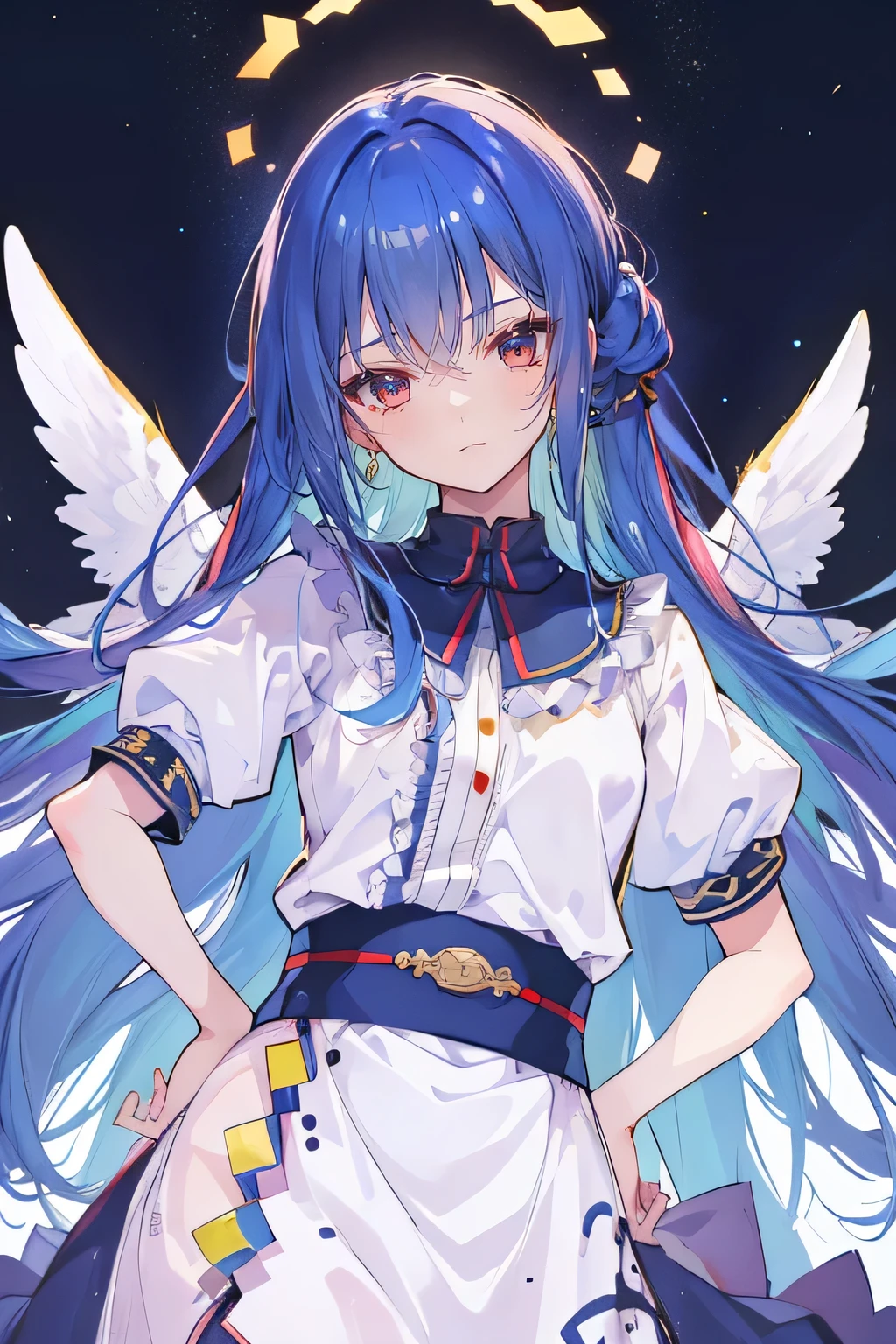 (best quality,highres,masterpiece:1.2),ultra-detailed,(realistic:1.37), expressive eyes, perfect face, 1 girl, hands on waist, beautiful, glamorous, Japanese anime, girl, Lola, Chouno Angel, blue hair, floating clothes, waist grabbing, hands on hips, flat-chested, starry sky