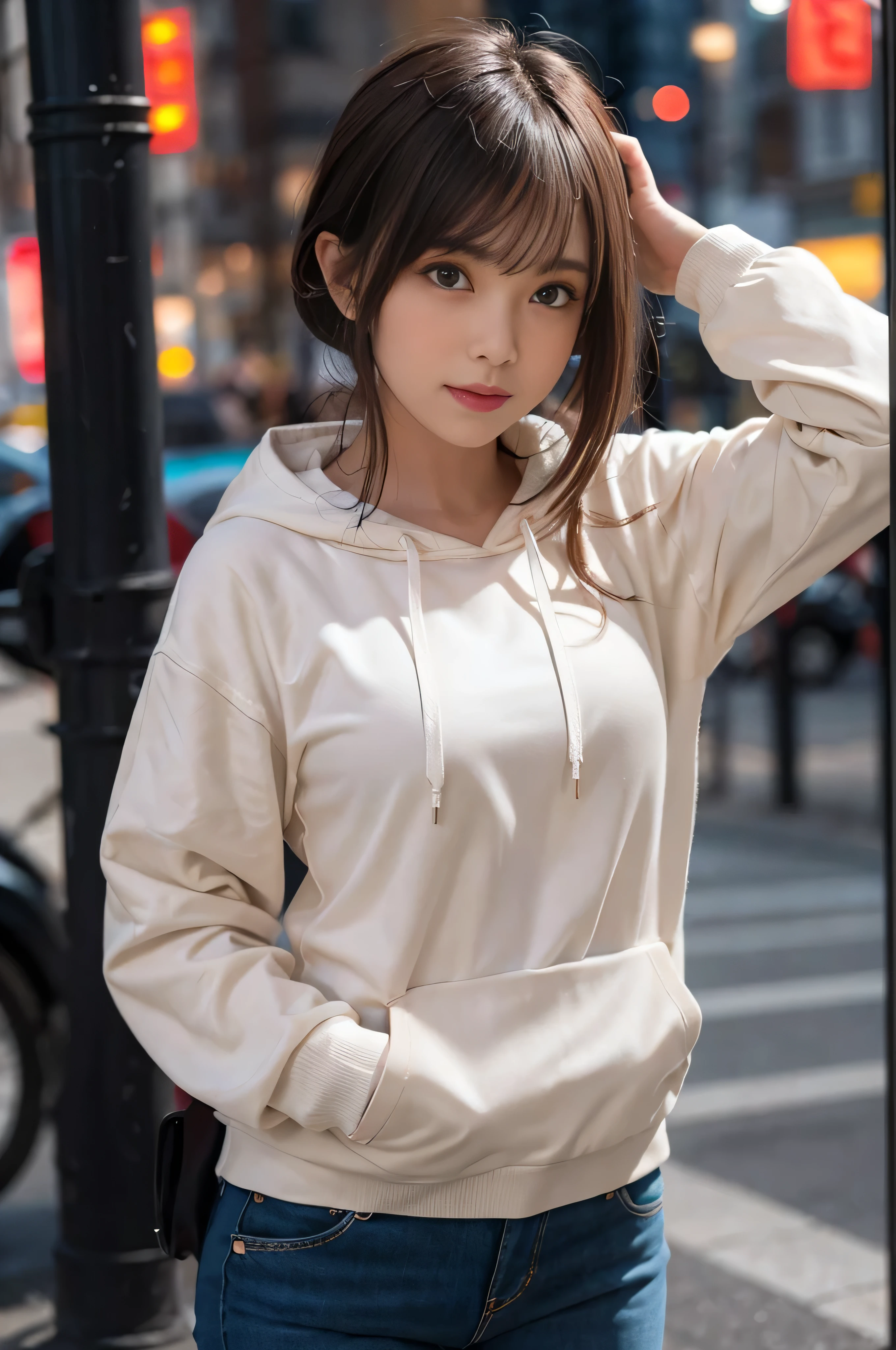 (((RAW image quality:1.4))), highest quality, ultra high resolution, (realistic: 1.4), She wore a spring-like pastel-colored long-sleeved hoodie.、photo of active teenager, Slim body type, Medium bust, cowboy shot, random pose、