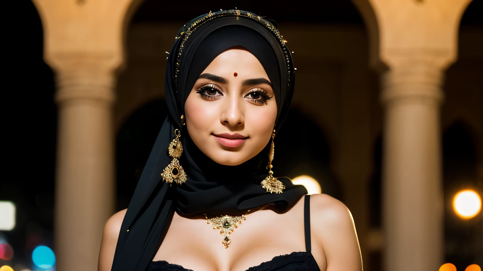 bellydancer, ((lebanese)), ((hijabi)), masterpiece, best quality, 8k, 15yo, big breasts , raw photo, absurdres, award winning portrait, solo, night, neon, idol face, violaceaess, gardeniass, delicate girl, upper body, DSLR, looking at viewer, candid, sophisticated, youthful, smile, professional lighting, film grain, chromatic aberration, (detailed eyes and face:1.0), (bokeh:1.1)