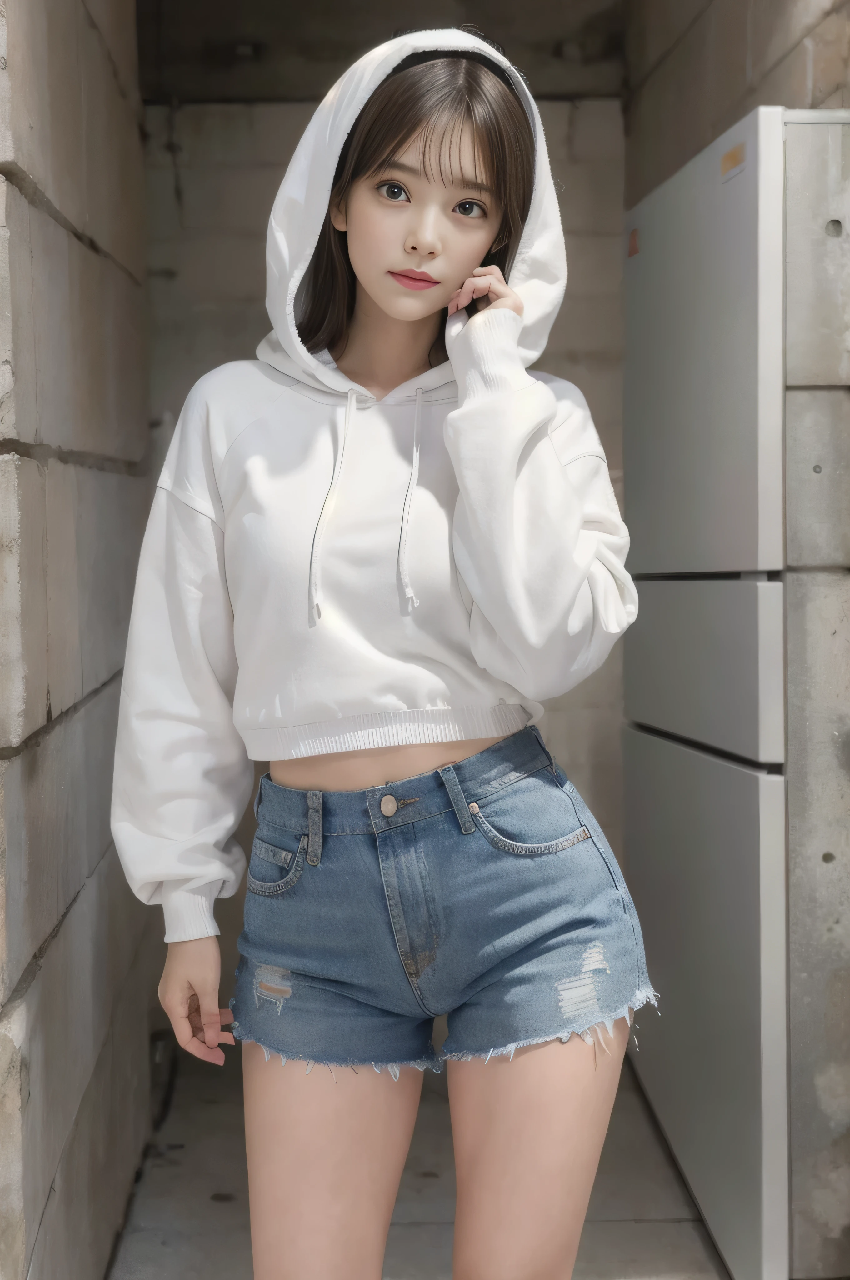 (((RAW image quality:1.4))), highest quality, ultra high resolution, (realistic: 1.4), She wore a spring-like pastel-colored long-sleeved hoodie.、photo of active teenager, Slim body type, Medium bust, cowboy shot, random pose、