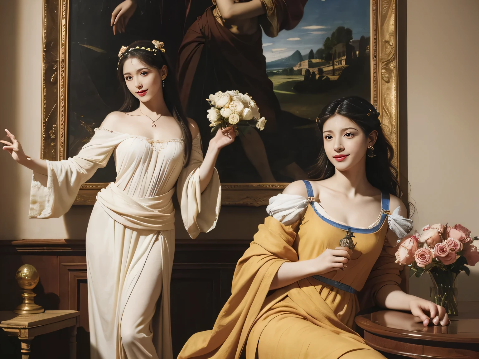 Giorgione painting style,Arguments of two female Philosophe,math、astronomical machine、astronaut、roses in vase、fruits、Cute trinkets、smile、ancient greek costume、Background is a forest lake at night 、Clothes that stretch your shoulders、A big smile、beautiful bare skin、A detailed representation of the seducing woman throughout her body.sexy,erotic smile