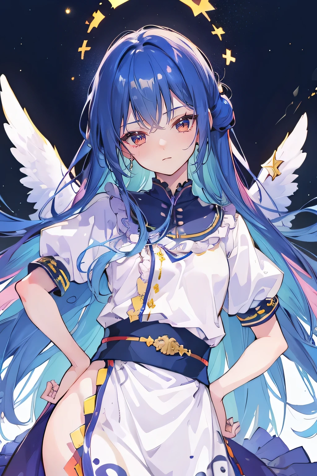 (best quality,highres,masterpiece:1.2),ultra-detailed,(realistic:1.37), expressive eyes, perfect face, 1 girl, hands on waist, beautiful, glamorous, Japanese anime, girl, Lola, Chouno Angel, blue hair, floating clothes, waist grabbing, hands on hips, flat-chested, starry sky
