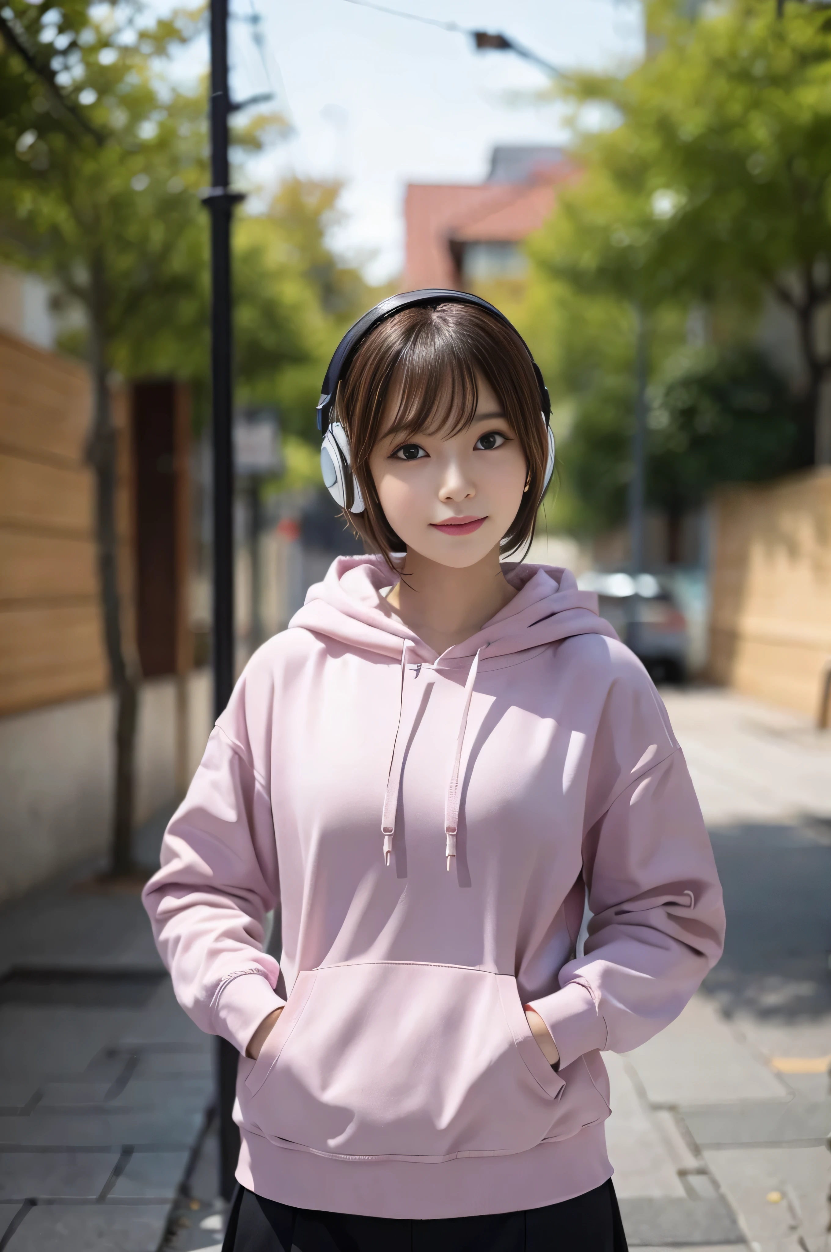(((RAW image quality:1.4))), highest quality, ultra high resolution, (realistic: 1.4), She wore a spring-like pastel-colored long-sleeved hoodie.、photo of active ager, Slim body type, Medium bust, short hair, headphone, cowboy shot, random pose、