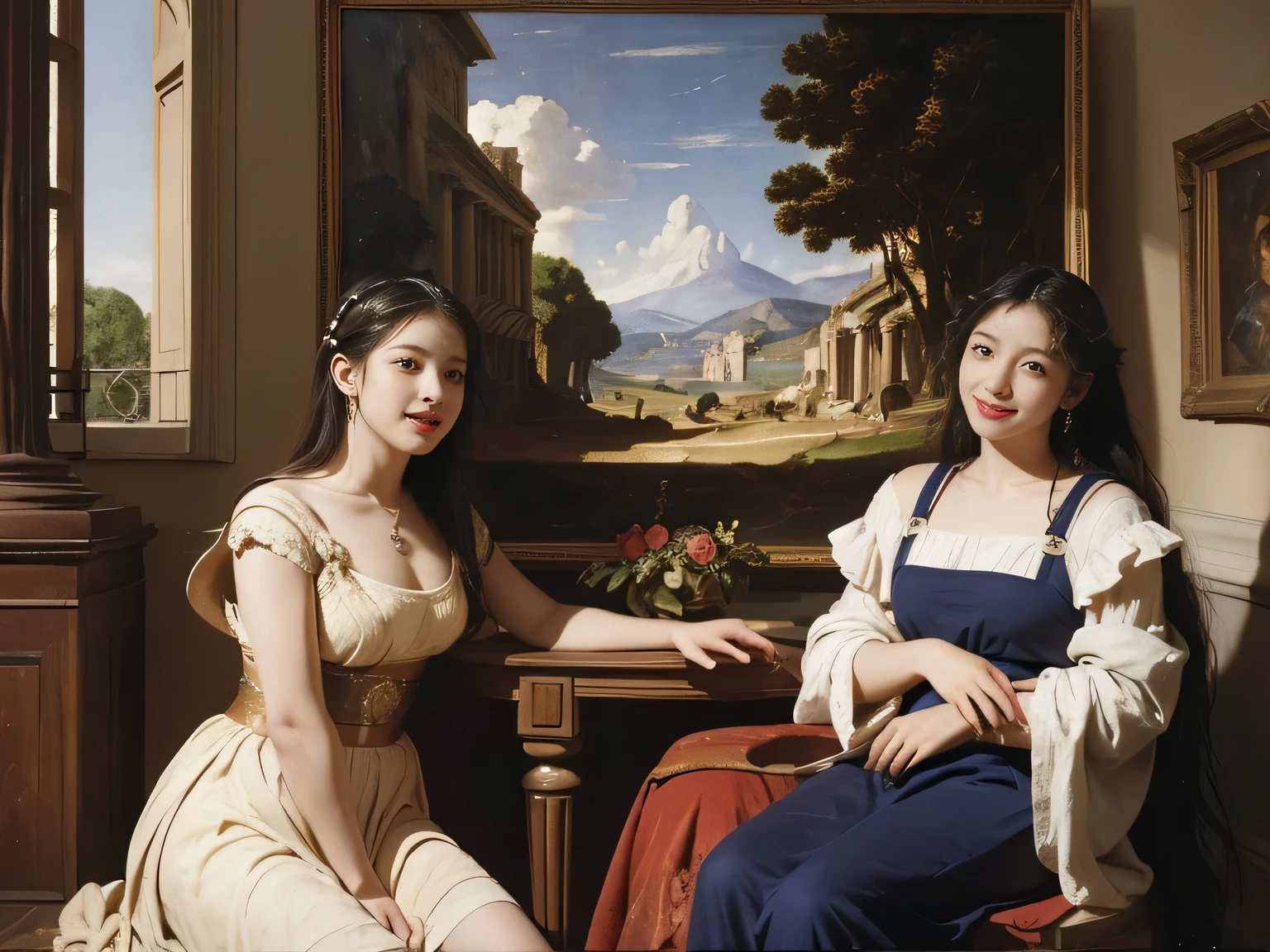 full body portrait or statue、Giorgione painting style,Arguments of two female Philosophe,math、astronomical machine、astronaut、roses in vase、fruits、Cute trinkets、smile、ancient greek costume、Ancient Roman landscape in the style of Nicolas Poussin,laughter,,Sweet and seductive appearance.、Caravaggio's paintings、Chiar