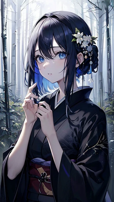 (masterpiece,highest quality,Super detailed),1 girl, Black and navy blue hair,Beautiful and dense face, fine eyes,looking at the viewer, face of great sadness,large tears,tears are falling,blue eyes,((gray theme),pale skin,japanese kimono, shining eyes,((night)),dark environment, (((fresco,fresh picture))),in the forest,