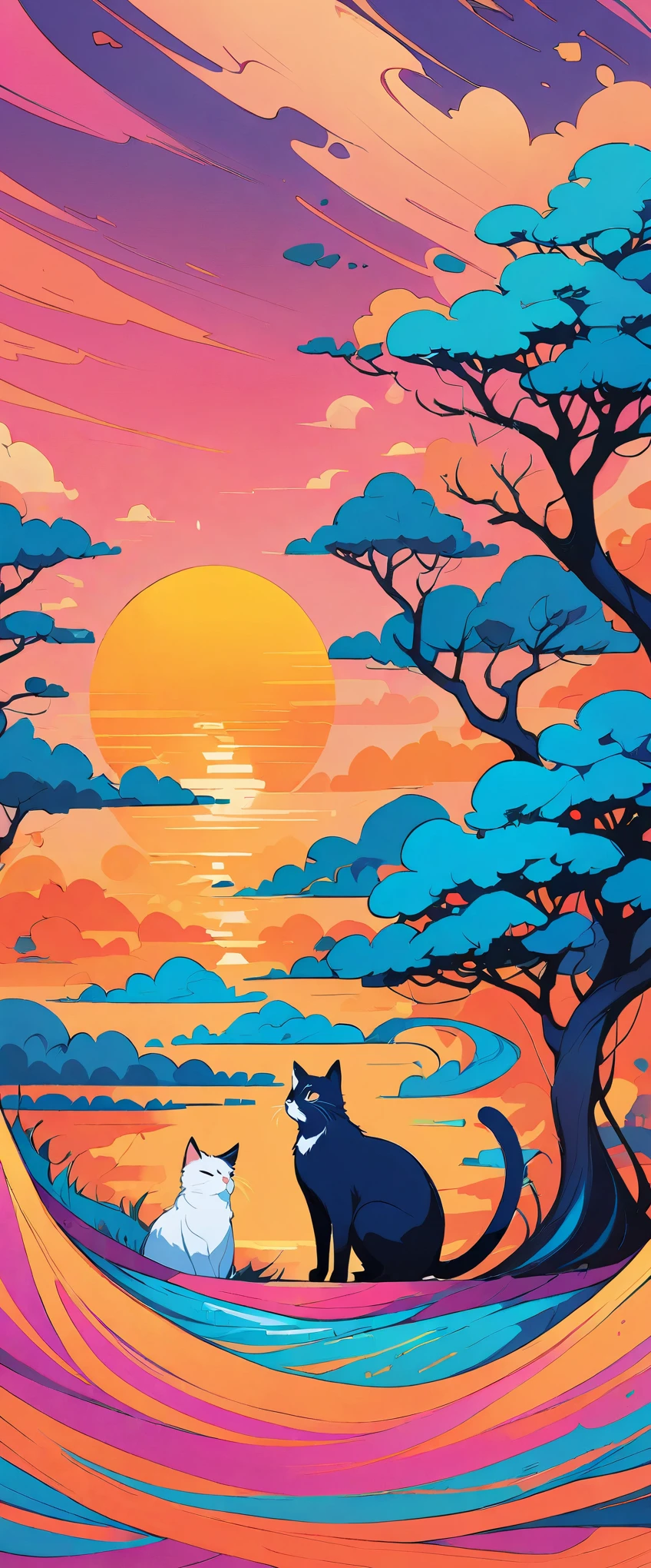 Super nice background，clean background，abstract painting，Vibrant colors，a cat，under the sun，trees