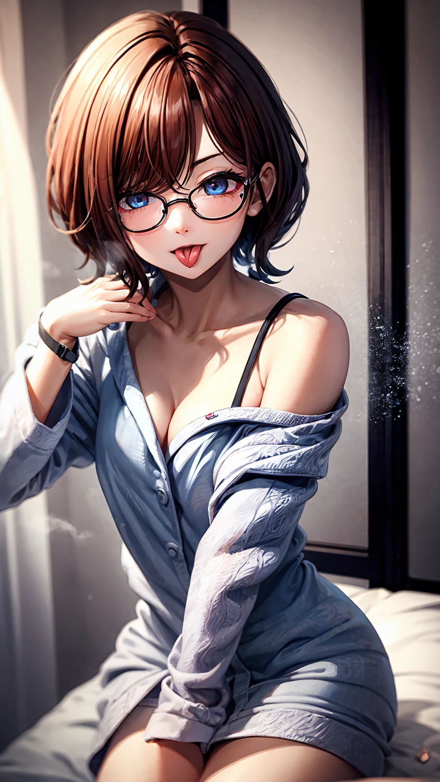 ultradetail、particles of light:0.5、slender、small breasts、Red Frame Glasses、beautiful blue eye、kissing face、cleavage、bathrobe、face with tongue out、lie on the bed