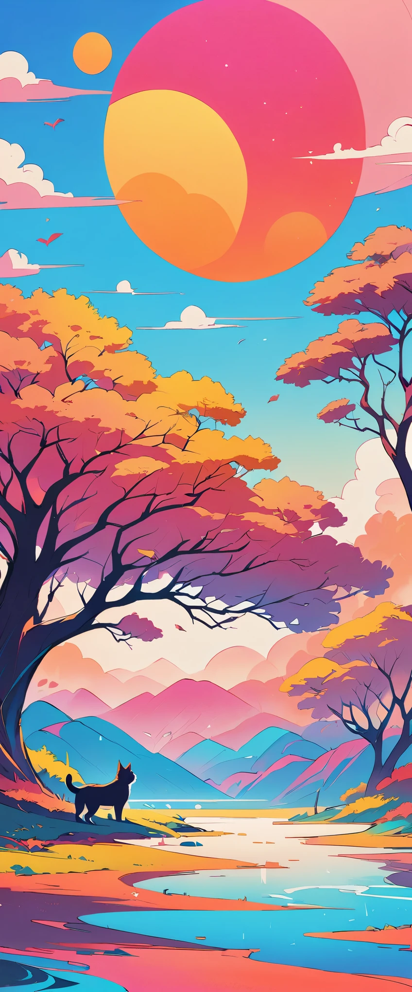 Super nice background，clean background，abstract painting，Vibrant colors，a cat，under the sun，trees