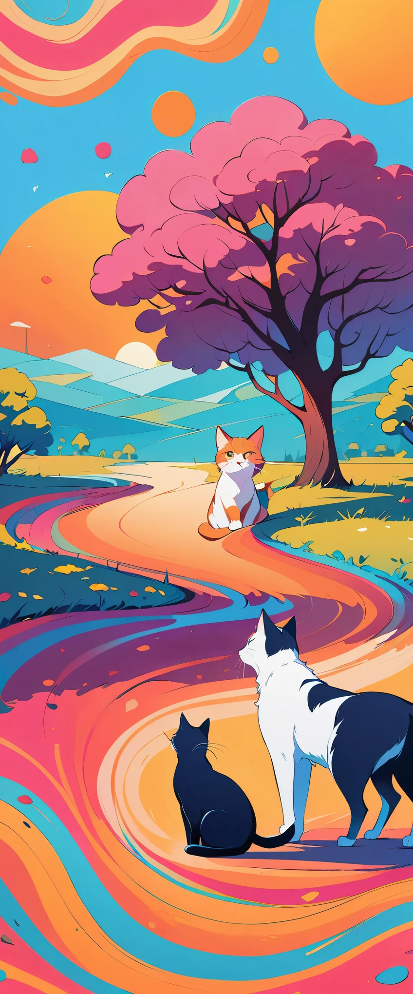 Super nice background,clean background,abstract painting,Vibrant colors,a cat,under the sun,trees