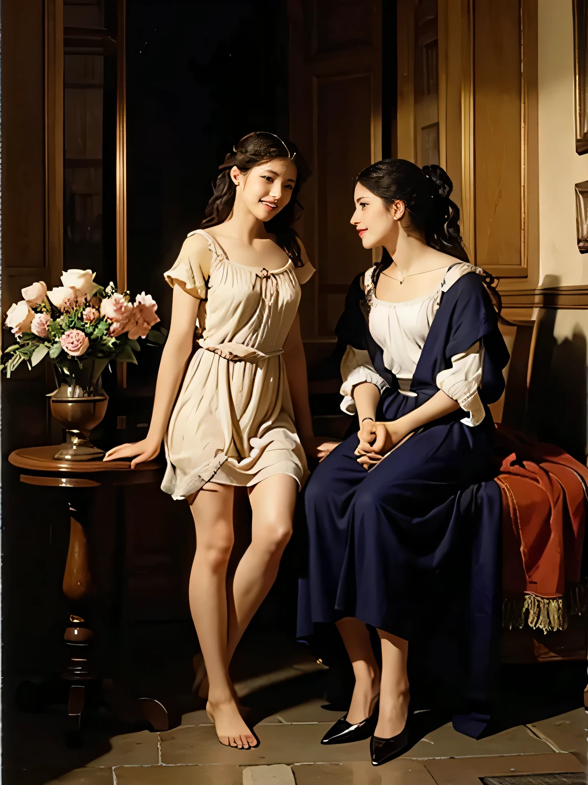 full body portrait or statue、Giorgione painting style,Arguments of two female Philosophe,math、astronomical machine、astronaut、roses in vase、fruits、Cute trinkets、smile、ancient greek costume、Ancient Roman landscape in the style of Nicolas Poussin,laughter,,Sweet and seductive appearance.、Caravaggio's paintings、Chiar
