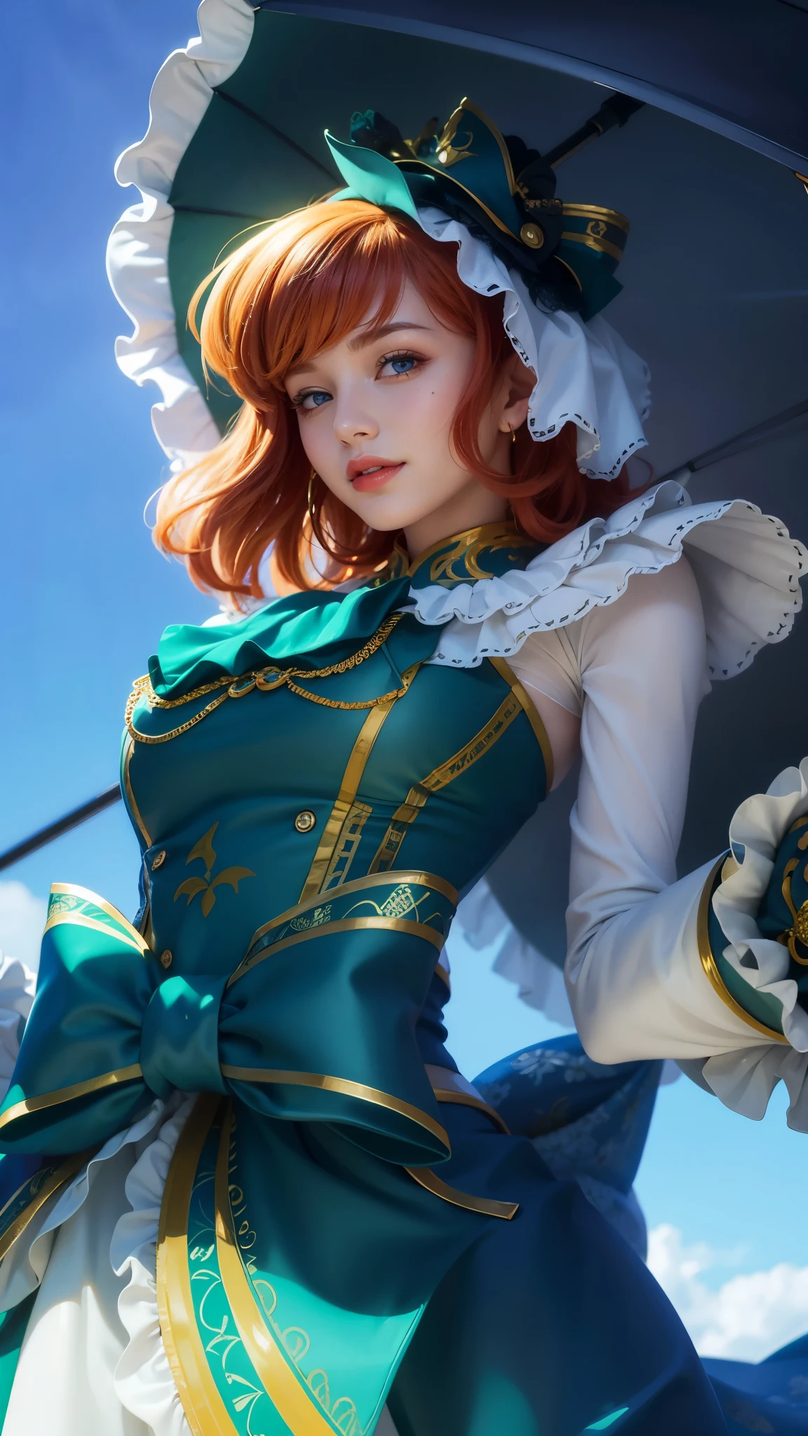 girl with orange hair holding a umbrella, red lips glossy, 8k, ultra hd, ultra detailed texture, hyper realistic, masterpiece, detailed texture, detailed face, detailed skin, detailed lighting, (photorealistic:1.5), best quality, beautiful lighting, cinematic lighting, professional lighting, ultra highres, realistic, detailed hair, real hair, high quality, (realskin:1.5), extremely detailed, finely detail, ultra-detailed, smile, blue eyes.