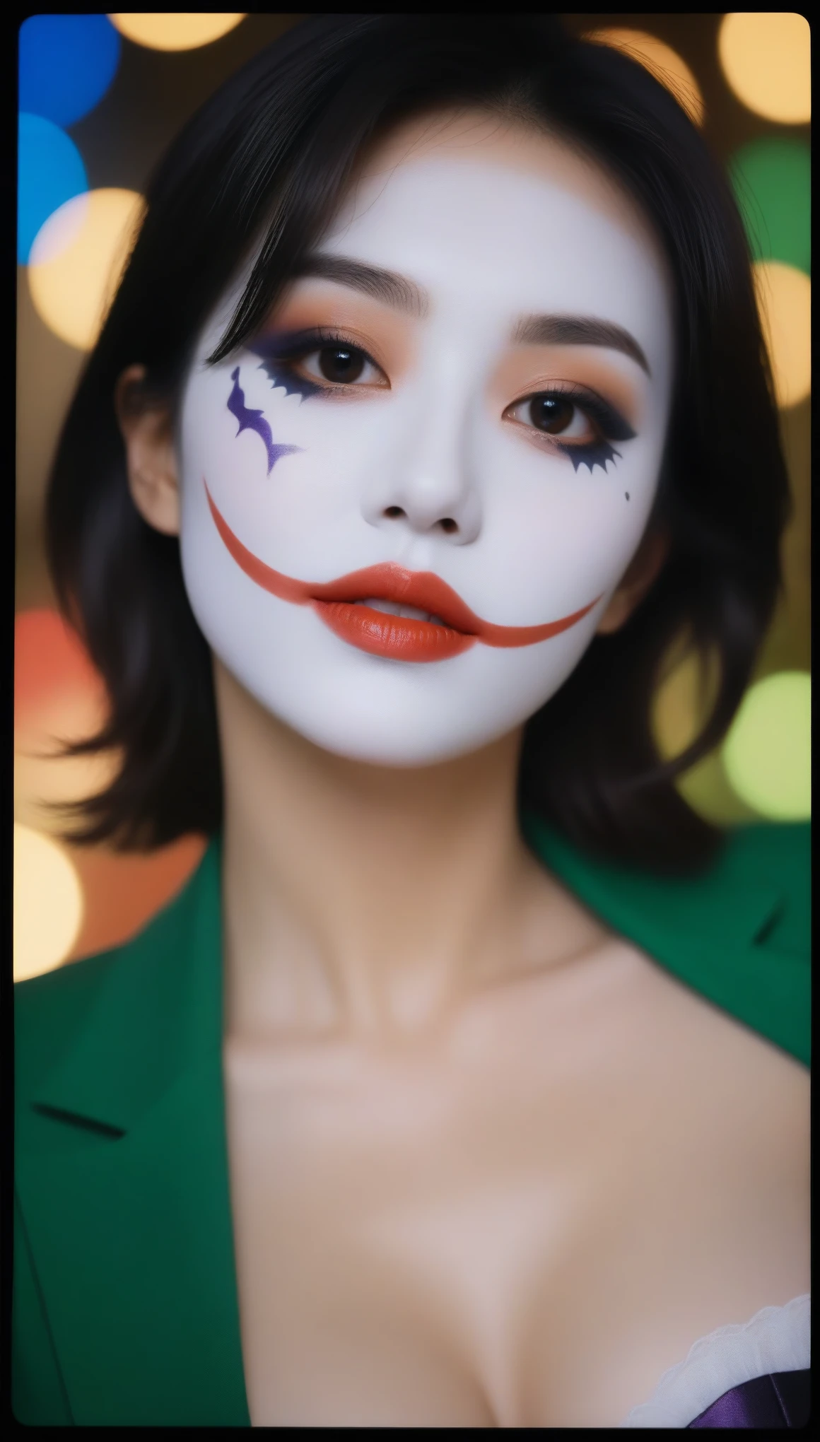 close-up, side shot of beautiful korean female, 34 inch breasts size, Joker face paint, and joker costume, bokeh background, Polaroid photo, UHD
