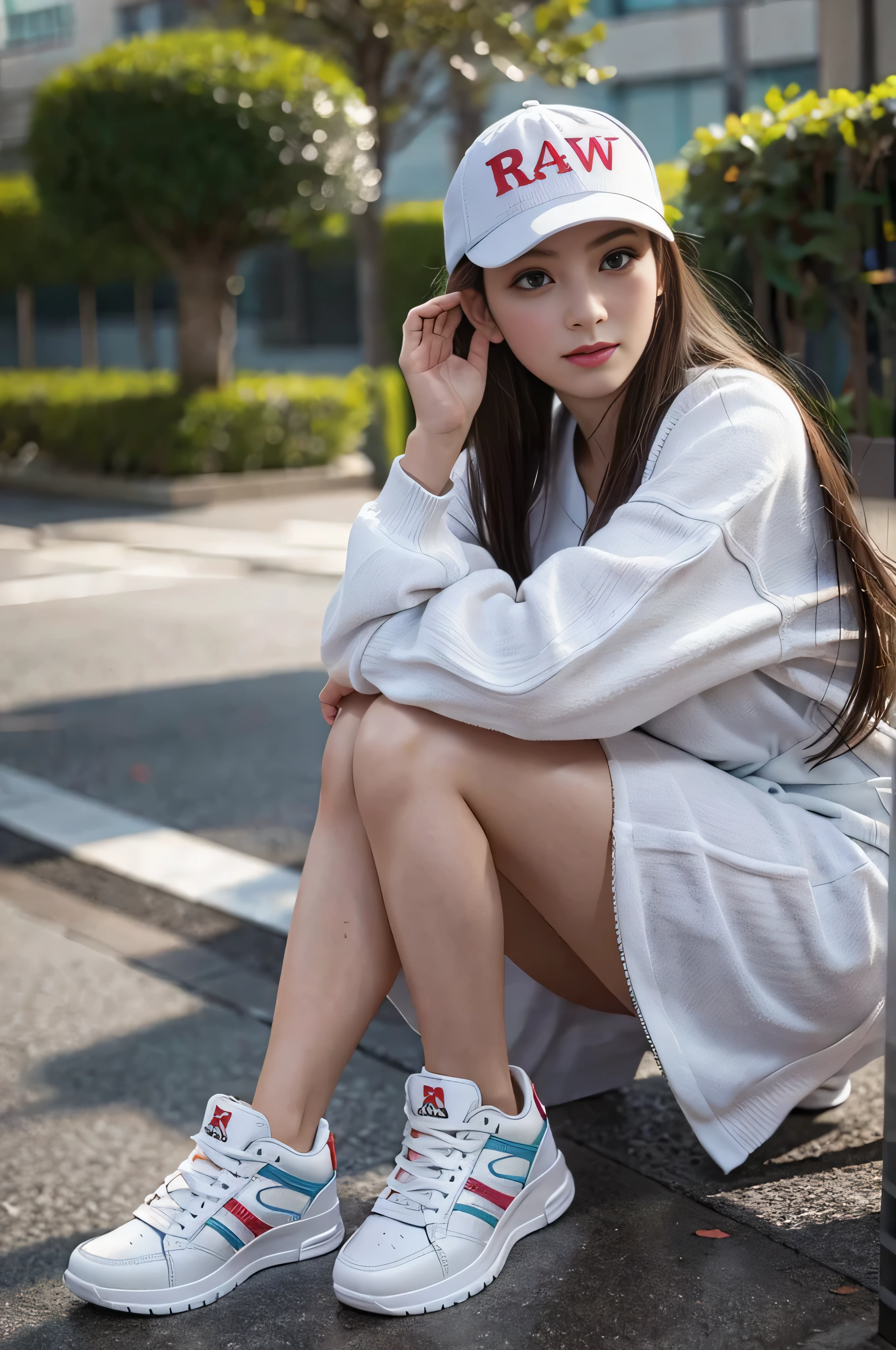 (((RAW image quality:1.4))), highest quality, ultra high resolution, (realistic: 1.4), Wearing a long-sleeved dress with a spring-like floral pattern and sneakers、photo of active teenager, sit, medium size breasts, full body photo, baseball cap, random pose、