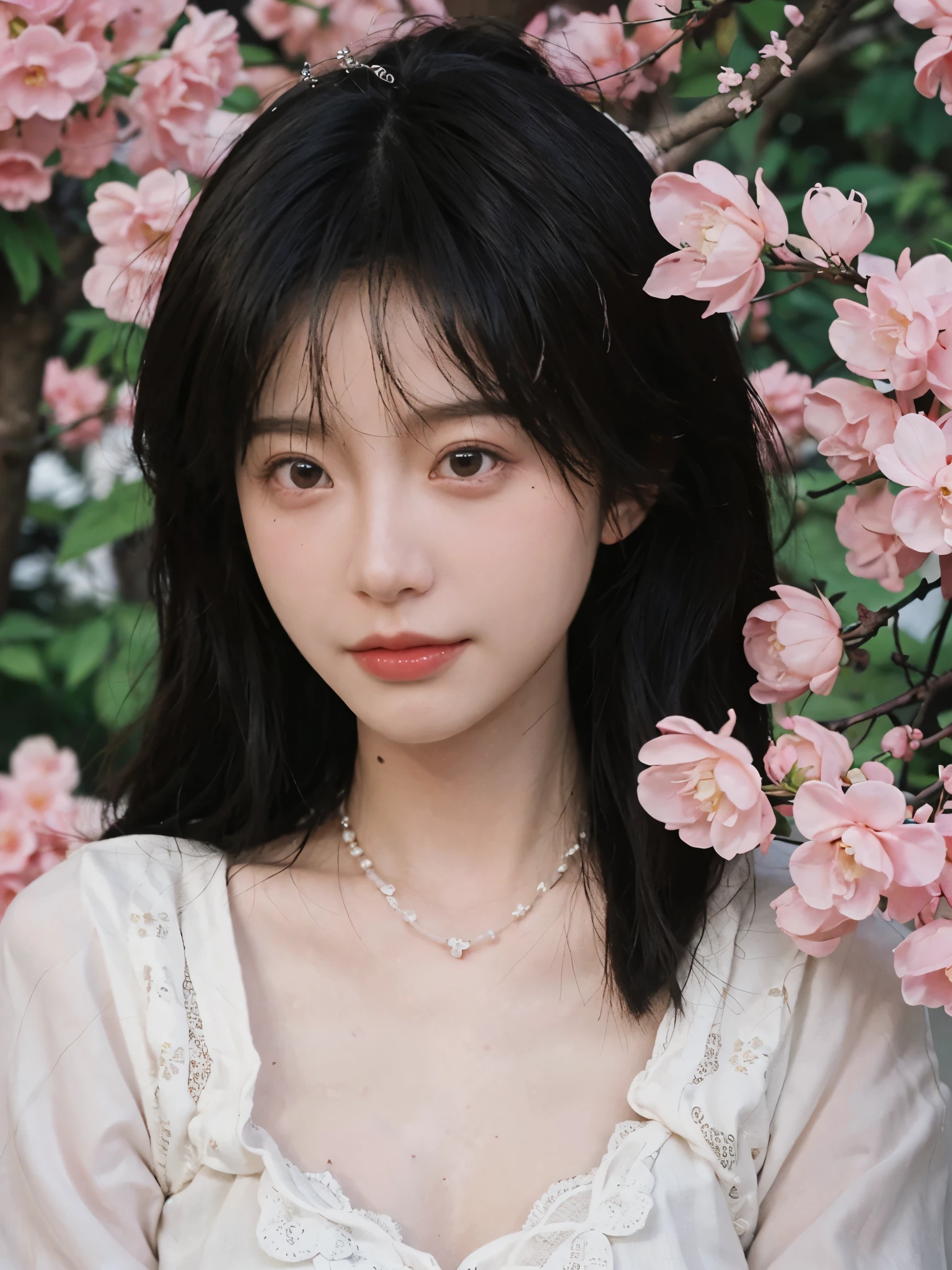 best quality, ultra high resolution, (realistically:1.4), Cute tiara,Baoyu Girl, A pair of clear and charming peach blossom eyes,Royal sister,The sun shines on the face,Long curly hair,(under the cherry blossom tree:1.4),(necklace:1.2),(White skin:1.4),(Full body female love:1.2)a sense of atmosphere,a beautiful girl,looking directly at the viewer, Close-up cleavage ,(lifelike:1.4),1 girl,Sexy,(Upper body:1.4),(wet),(:1.2)