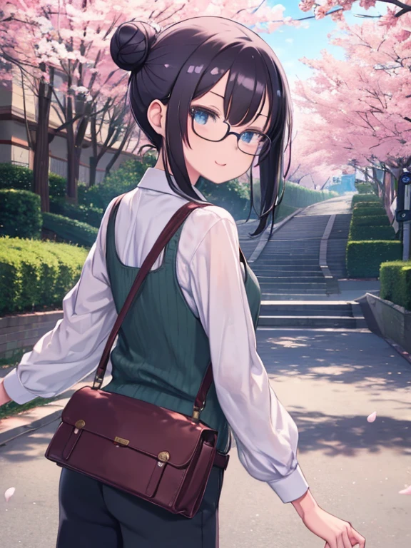 masterpiece, highest quality, Medium wide shot、cowboy shot、1 girl、blue eyes、black hair、((single hair bun hair))、bangs、long hair between ears and eyes、white shirt、shirt、green vest、black smart pants、smile、small breasts、looking at the viewer、grassland、blue sky、Cherry blossom trees、Glasses、Pouch、Countless petals dance、SakuraFubuki、looking back、