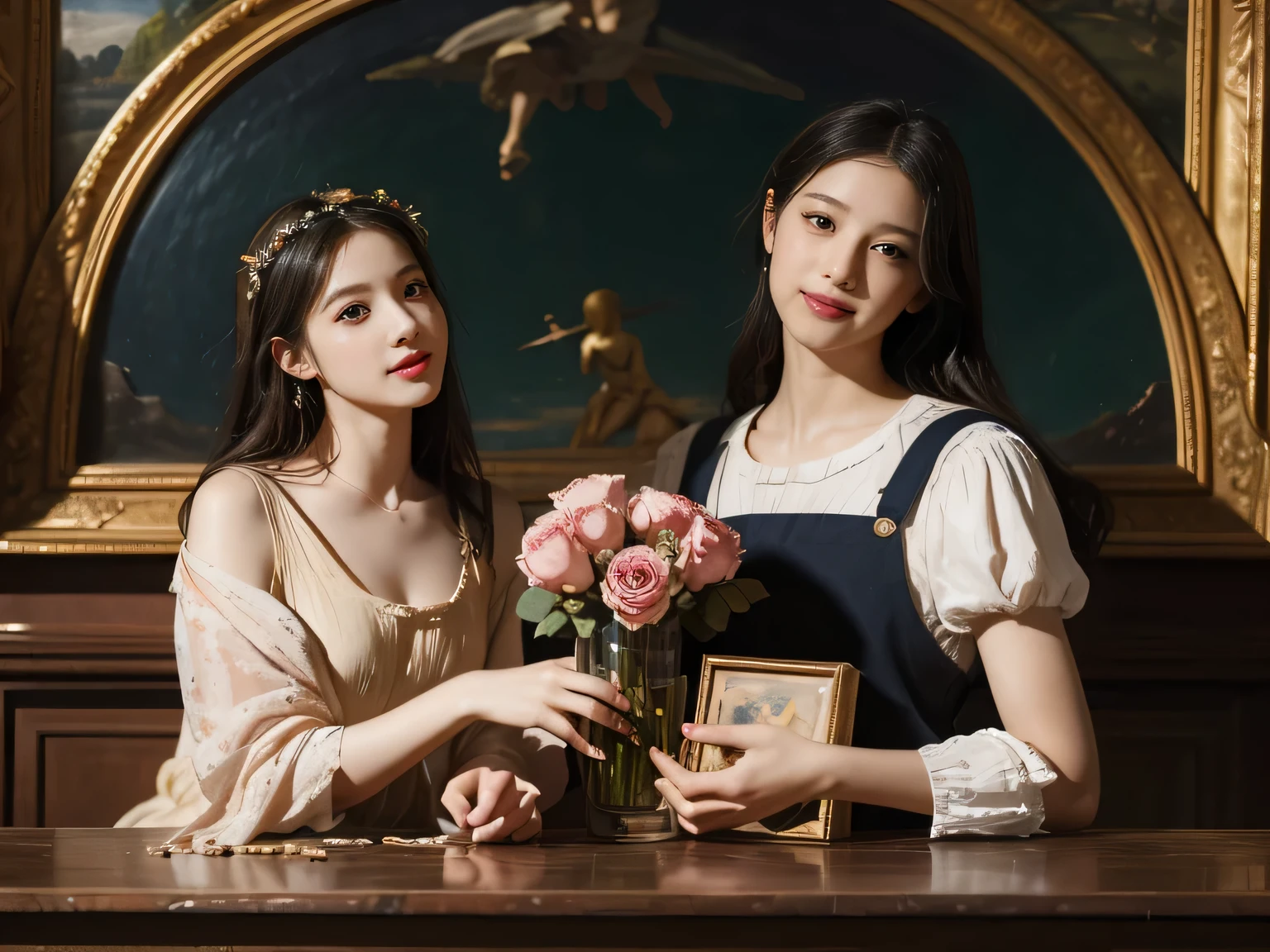 full body portrait or statue、Giorgione painting style,Arguments of two female Philosophe,math、astronomical machine、astronaut、roses in vase、fruits、Cute trinkets、smile、ancient greek costume、Ancient Roman landscape in the style of Nicolas Poussin,laughter,,Sweet and seductive appearance.、Caravaggio's paintings、Chiar