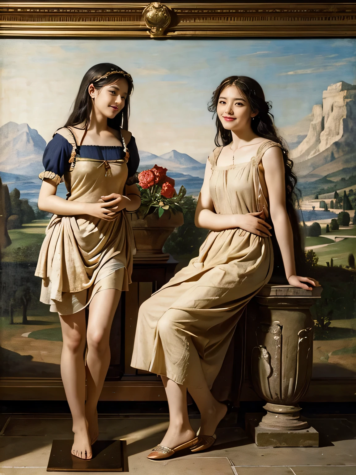 full body portrait or statue、Giorgione painting style,Arguments of two female Philosophe,math、astronomical machine、astronaut、roses in vase、fruits、Cute trinkets、smile、ancient greek costume、Ancient Roman landscape in the style of Nicolas Poussin,laughter,,Sweet and seductive appearance.、Caravaggio's paintings、Chiaroscuro of Caravaggio、hair tousled by the wind,Two women frolicking,cute smile, expression of ecstasy,Sexy,erotic