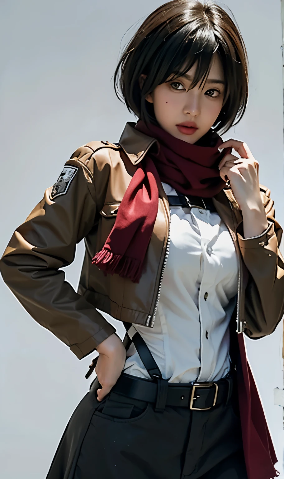 highly detailed background, Mikasa Ackerman, shingeki no kyojin, 1 girl, bangs, belt, belt buckle, black eye, black hair, brown belt, brown Jacket, buckle, dress shirt, hair between eyes, Jacket, long sleeve, medium hair, open clothes, open Jacket, open your mouth, paradis military uniform, red scarf, scarf, shirt, alone, Are standing, straight hair, suspenders, Three-dimensional mobile device, white background, white shirt, wing collar , ((masterpiece)),