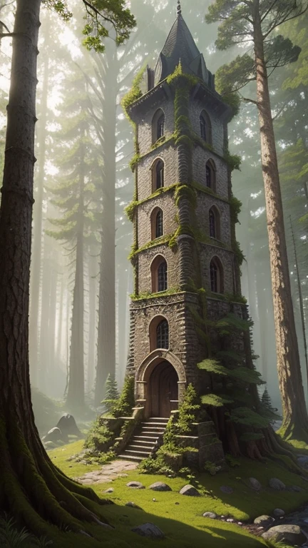 A medieval tower made of mossy stones stands on the edge of the forest, surrounded by spreading oaks and spruce trees.; high quality textures, ultra-realistic environment, many small details, Intricate details, daylight, early morning, Slanting sun rays through foliage