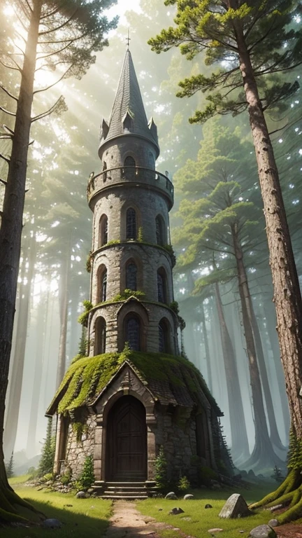A medieval tower made of mossy stones stands on the edge of the forest, surrounded by spreading oaks and spruce trees.; high quality textures, ultra-realistic environment, many small details, Intricate details, daylight, early morning, Slanting sun rays through foliage