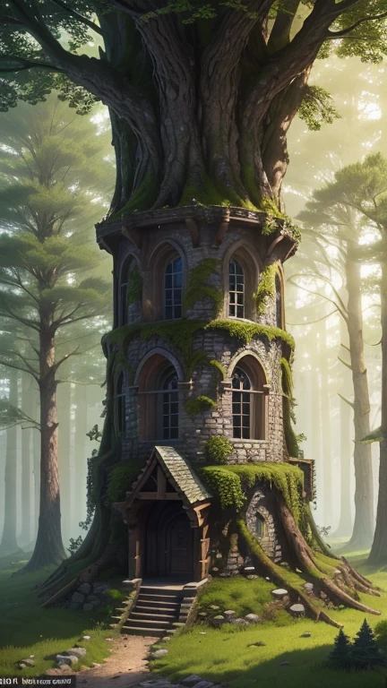 A medieval tower made of mossy stones stands on the edge of the forest, surrounded by spreading oaks and spruce trees.; high quality textures, ultra-realistic environment, many small details, Intricate details, daylight, early morning, Slanting sun rays through foliage