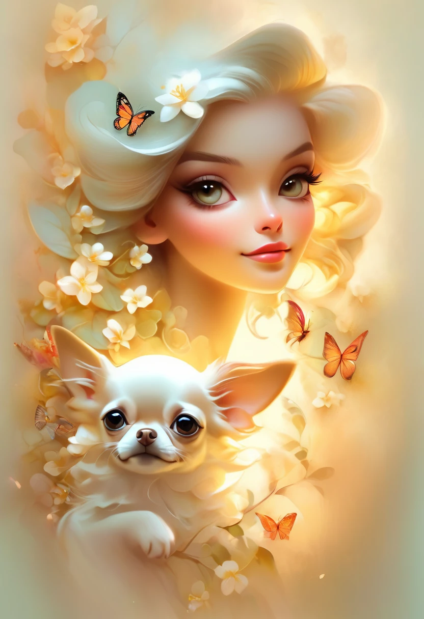 white jasmine flower background,Beautiful woman stands like a model。、holding a small chihuahua in his arms,,whole body,Butterflies dance,white jasmine background, background number 28,beautiful digital illustrations, Beautiful artwork illustration, amazing digital illustrations, beautiful digital artwork, Works that influenced Anna Dittmann, amazing digital art, exquisite digital illustration, In the style of Anna Dittmann, beautiful digital art, beautiful amazing digital art, very beautiful digital art, beautiful fantasy art
