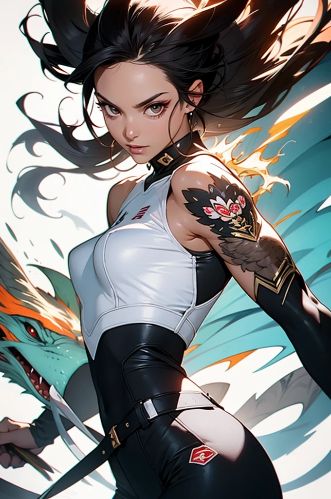rainbow style, Simon Bisley-esque almost naked muscular 35-year-old warrior woman, Tattoo covering the entire arm, Invincible、samurai sword ready(1.9),hold a great sword(1.8),lightning,momentary(1.8) moment,thunderbolt(1.8),hair half black half white, minimum clothing, short clothes, ((highest quality)), ((masterpiece))