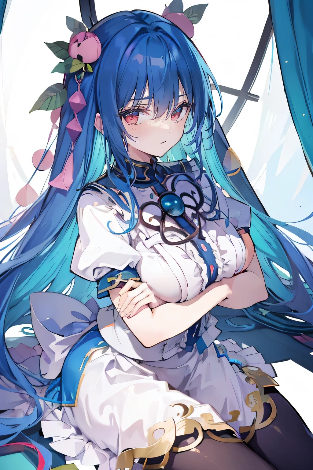 (masterpiece),best quality, expressive eyes, perfect face,sit, sit on ground, Legs on the ground, 1girl,
Big breasts, H cup, Good breasts, crossed arms, fair, Gorgeous,Japanese cartoons,girl,lola,Hina Angel, blue hair, blue haired,tent , tent chest, tent breast, floating clothes
