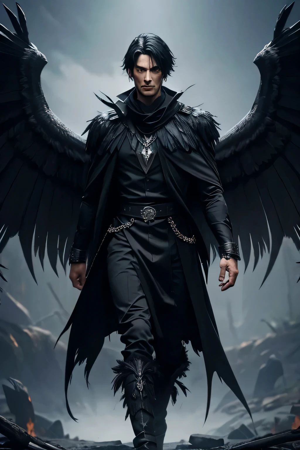 tall man, ancient demon, obsidian-like skin, raven short hair, big wings with black feathers, dark red noble clothes