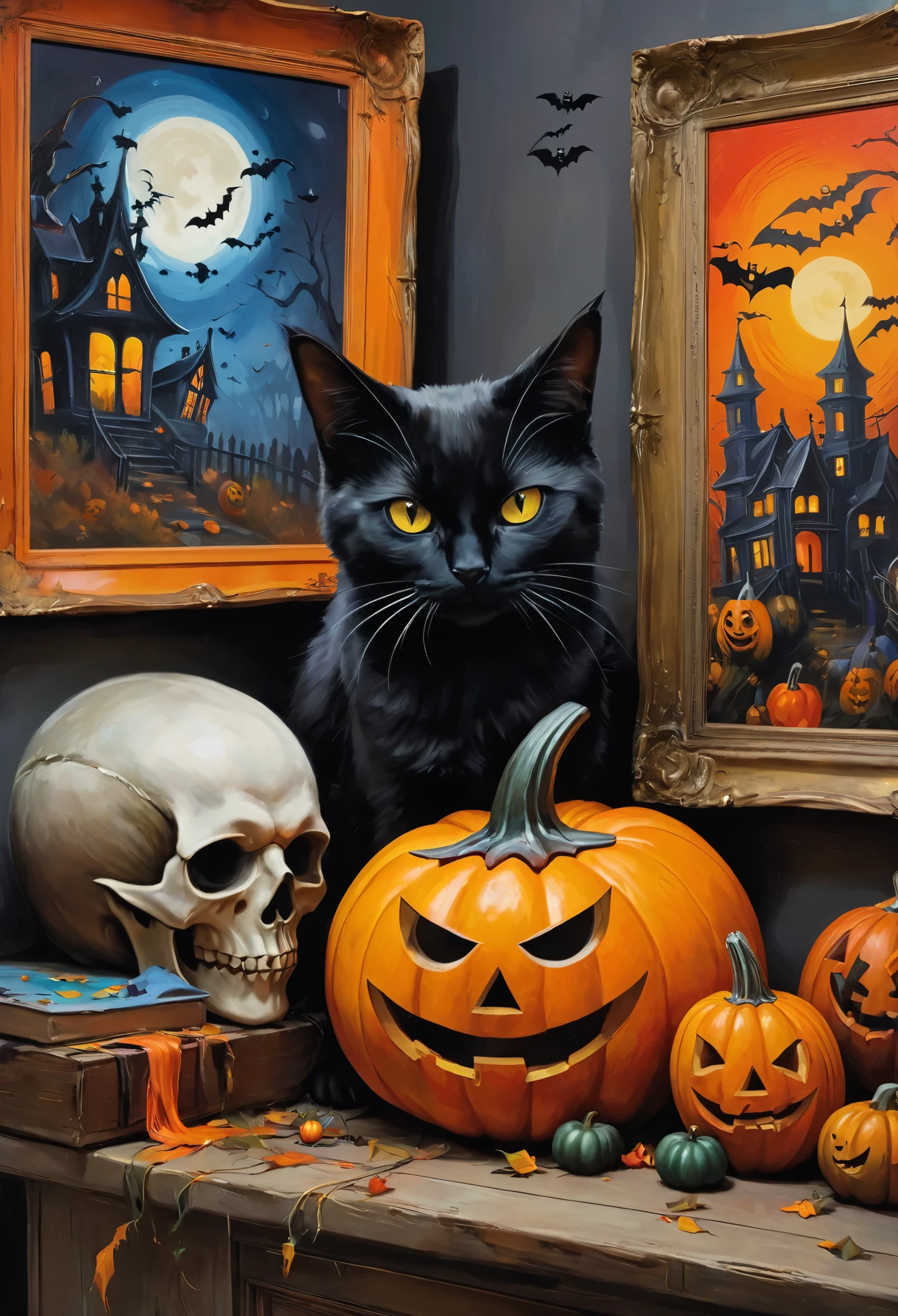 Colorful paintings by Frankstein, Close-up, Halloween-themed aesthetics, Nikolai Samori's style