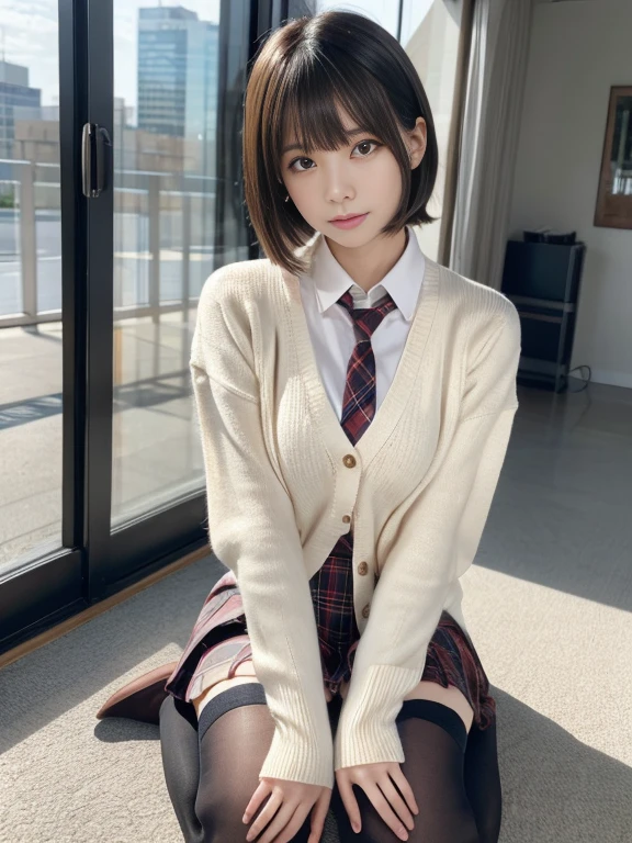 masterpiece，expensiveest quality，official art，High Definition CG Unity 8K Wallpaper High School Girl，very delicate and beautiful，超High resolution，（realistic：1.4），golden hour lighting，（Full body Esbian），（platinum short hair：1.2），（Highly detailed eye resolution），looking at the viewer，facing the front，笑face，JK's Skirt（plaid）， bust，expensive ，tie， masterpiece， highest quality， RAW photo， realistic， face， incredibly irrational solution， written boundary depth， High resolution， Super detailed， small details， very detailed， 非常に詳細な目とface， sharp pupils， realisticな生徒， fix sharp focus， cinematic lighting, Idol style、very cute:1.2、black haired、bangs、gym、((Sitting with your knees:1.4.knee high socks))、cardigan、((bangsが頬にかかって、layer cut、shaggy))