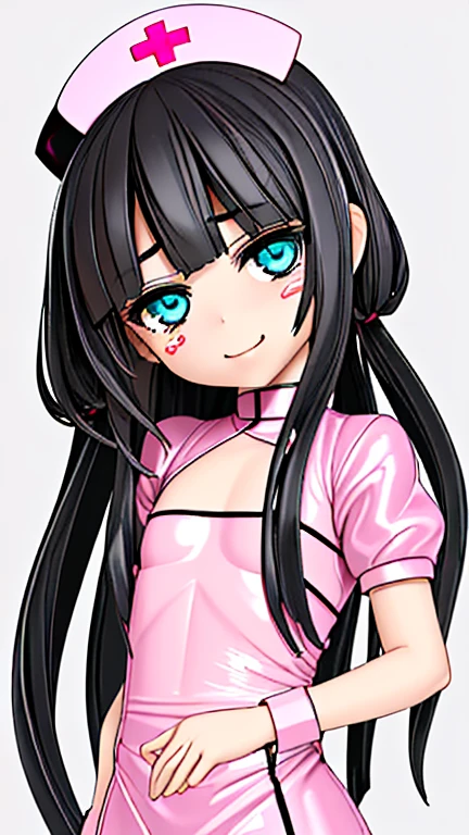 {{{high quality}}}, {{{super realistic}}},{{{best quality}}}, ((1 girl,solo)),((10 years old)),((loli)),((short girl)) ,((black hair, straight long hair)),((pink nurse costume,sexy,latex)),,((mesugaki)),((sadistic girl)),((sadistic smile)),((oily skin)),((beautiful face)),((beautiful eyes)),((look down)),((sadistic pose)),((flat chest ,small breasts )),((face focus))