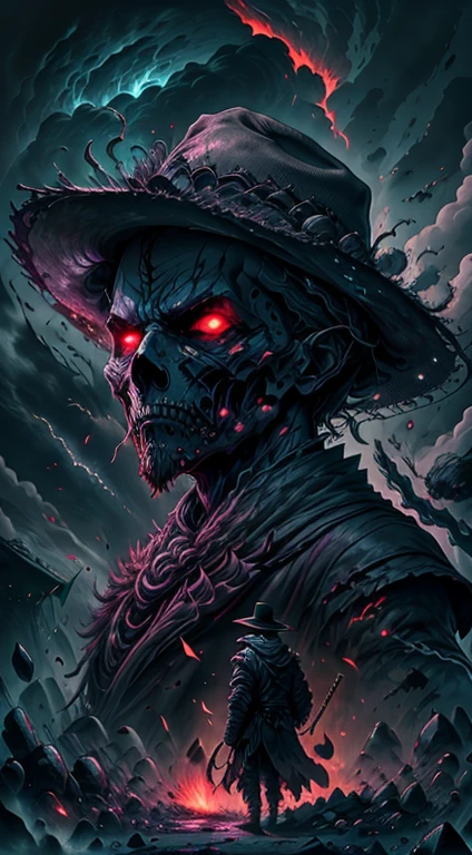 best quality,4k,8k,highres,masterpiece:1.2,ultra-detailed,realistic(boss:1.1),dark souls,portrait,farmer,grim reaper,menacing,dark atmosphere,smoky background,shadowy figure,breathtaking,ominous lighting,weathered farmer,weathered hat and coat,scythe,glowing red eyes,eerie,haunting,foreboding landscape,overwhelming power,menacing presence,determination,strength,stubbornness,creepy,evil,terrifying,formidable enemy,adrenaline rush,sinister aura,despair,lethal,unpredictable attacks,master of the game(phantom),intimidation,undead,unyielding,resilient,reaper of souls,unforgiving,dark magic,horrifyingly detailed face,unforgettable boss battle,grim and unforgiving challenge.