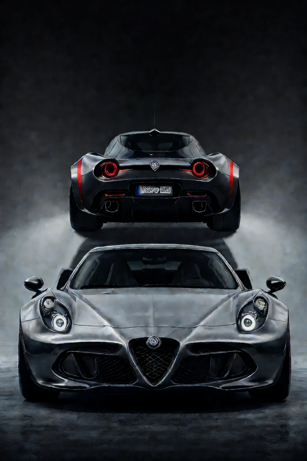 Alfa Romeo 4C, full view. Utilizing state-of-the-art digital techniques, this breathtaking artwork aims to craft a visionary portrayal of the car. Drawing inspiration from the realms of science fiction, the image will exude an otherworldly aura through its vibrant hues and awe-inspiring illumination. By embracing this avant-garde approach, the result will be a visually mesmerizing and fantastical depiction that will undoubtedly captivate the beholder's senses.