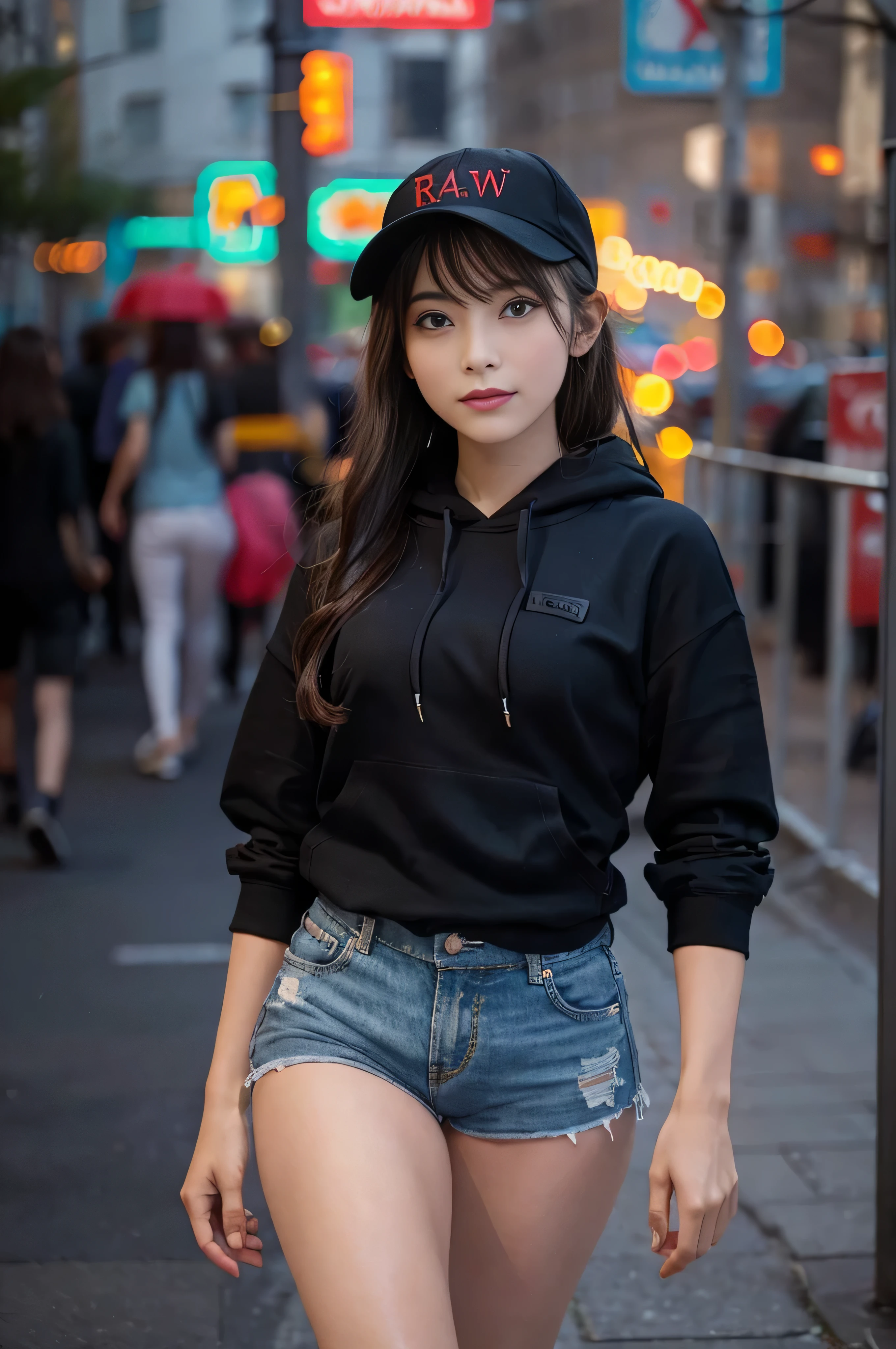 (((RAW image quality:1.4))), highest quality, ultra high resolution, (realistic: 1.4), Wearing a sporty hoodie and shorts、photo of active teenager, wearing sneakers, medium size breasts, full body photo, black baseball cap, Urban street with cafes, random pose、